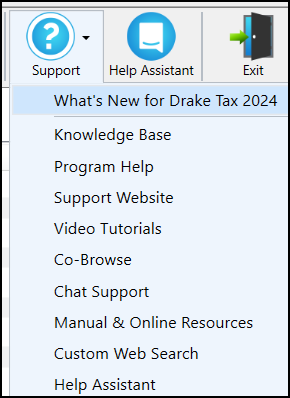 Image of the "Support" icon and drop list on the Home window